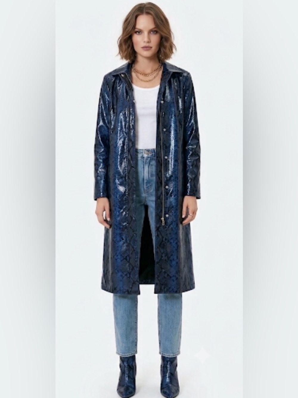 Apparis Cassaundra Python-Print Black & Cobalt Blue Vegan Leather Trench-coat M